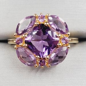 Genuine Amethyst Cluster Ring | Yellow Gold Over 925 Sterling Silver